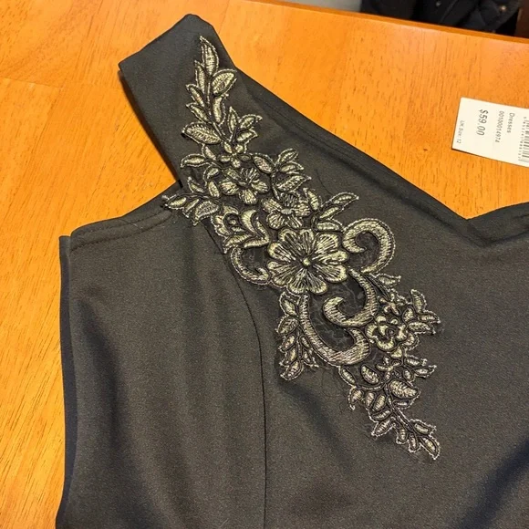 Black Mini Dress with Gold Embroidered Appliqué - Women - Picture 3 of 6